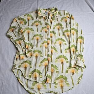 Haute Top Hippie Palm Tree Print Button Shirt Womens White Green Orange Festival